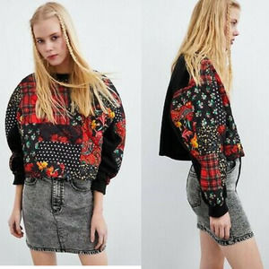 Zara Patchwork Quilted Floral Polka Dot Cropped Black Red Sweater Size S